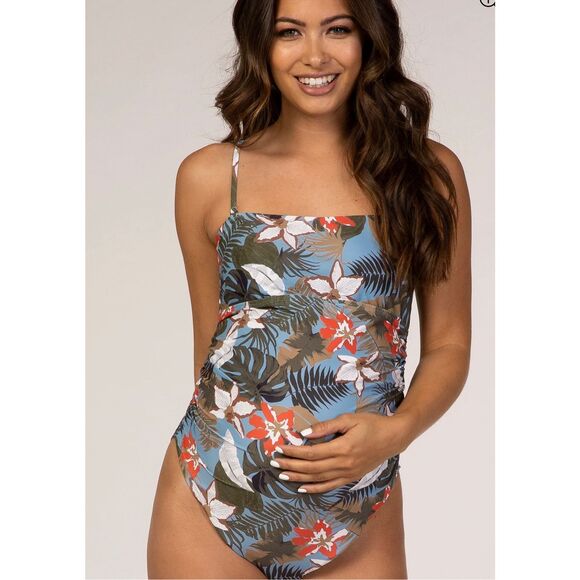 PinkBlush Blue Tropical Print One Piece Maternity New Size Small - Picture 1 of 7